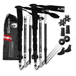 Faltbare Wanderstöcke aus Carbon mit ergonomischen Korkgriffen, verstellbaren Armbändern, Zubehör wie Schneeteller und Tragetasche, ideal für Outdoor-Aktivitäten.