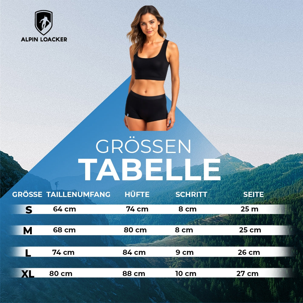 Damen Merino Shorts 150 g/m²: Größentabelle zeigt Modell in sportlicher Unterwäsche, Alpin Loacker Logo, Größen S-XL mit Maßen, ideal für Outdoor-Aktivitäten.
