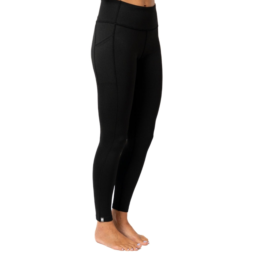Merino Leggings/Hose Damen - 290 g/m2: Schwarze, hochgeschnittene Leggings mit Seitentasche, ideal für Yoga und Outdoor-Aktivitäten, aus atmungsaktivem Merinowolle-Mischgewebe.