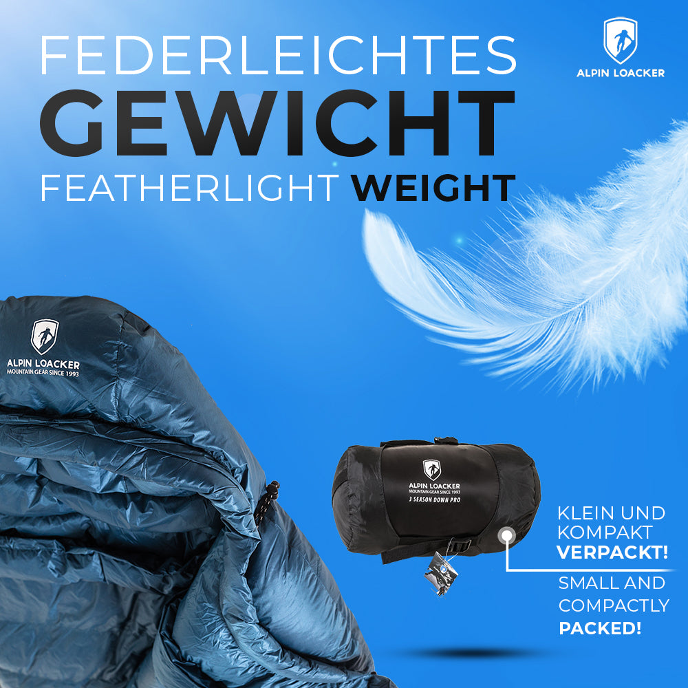 Down Pro 3 Jahreszeiten Schlafsack 860g, ungerollt und in kompaktem Sack, mit Feder-Grafik; beworben als federleicht und platzsparend für Outdoor-Abenteuer.