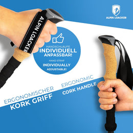 Faltbare Wanderstöcke aus Carbon mit ergonomischem Korkgriff und individuell anpassbarem Handschlaufe, ideal für Outdoor-Aktivitäten; Alpin Loacker-Logo oben rechts.