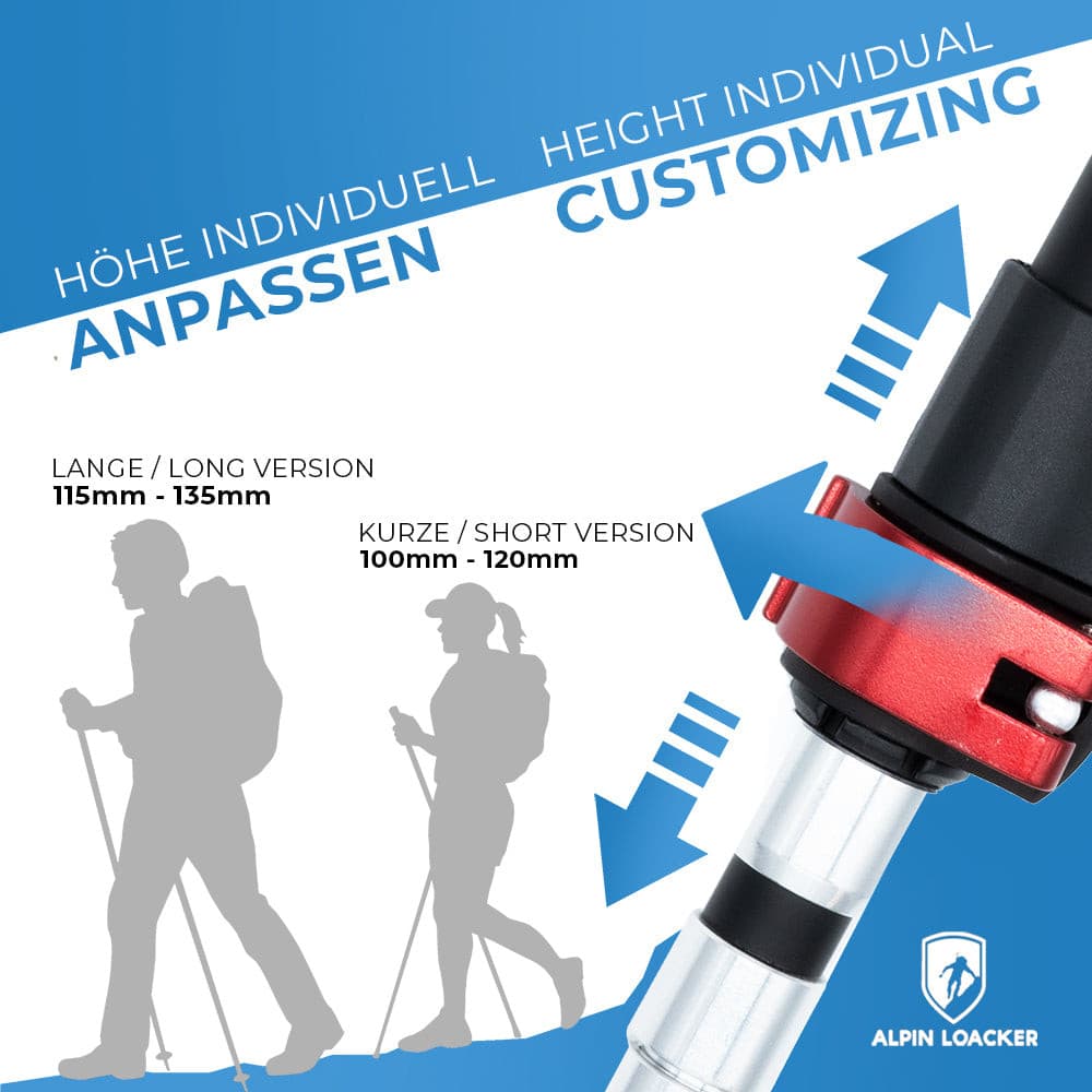Faltbare Wanderstöcke aus Carbon mit verstellbarem Mechanismus, roten Verriegelungskragen und teleskopierbarem Aluminiumschaft, Länge 100-120 cm oder 115-135 cm, ideal für Outdoor-Aktivitäten.