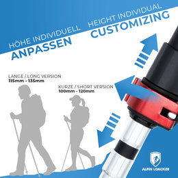 Faltbare Wanderstöcke aus Carbon mit verstellbarem Mechanismus, roten Verriegelungskragen und teleskopierbarem Aluminiumschaft, Länge 100-120 cm oder 115-135 cm, ideal für Outdoor-Aktivitäten.