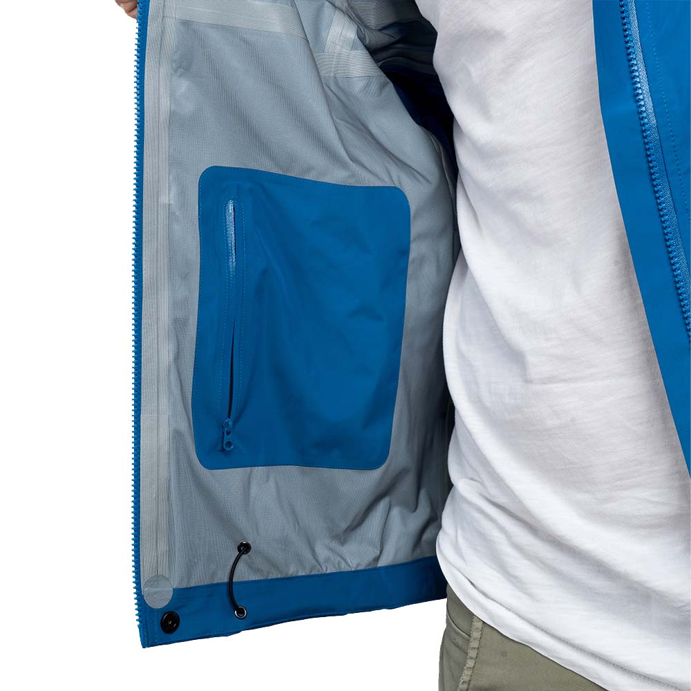 Herren 3 Lagen Hardshell Regenjacke innen mit grauem Laminat, Reißverschlusstasche links und Saumkordel, ideal für Outdoor-Aktivitäten, wasserdicht und atmungsaktiv.