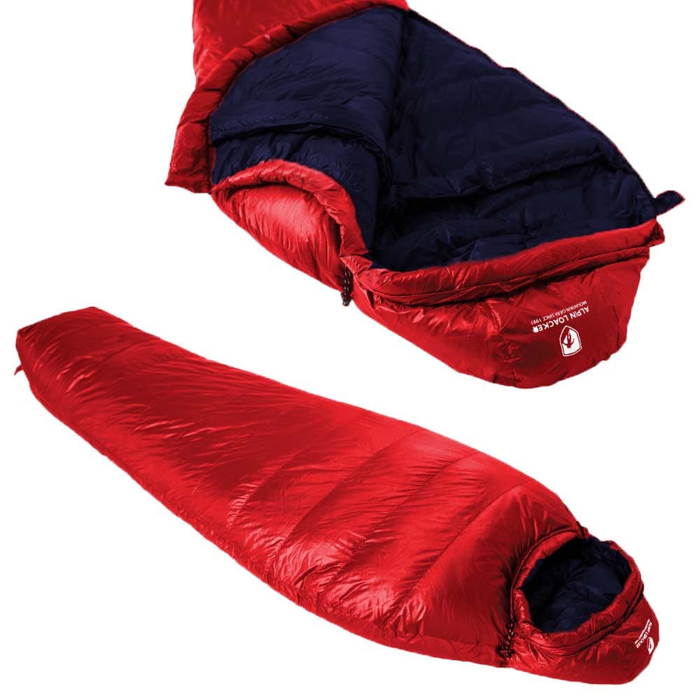 Down Pro 3 Jahreszeiten Schlafsack 860g, roter Mumienschlafsack, teil- und komplett geöffnet gezeigt, ideal für kühle Nächte beim Trekking und Camping.