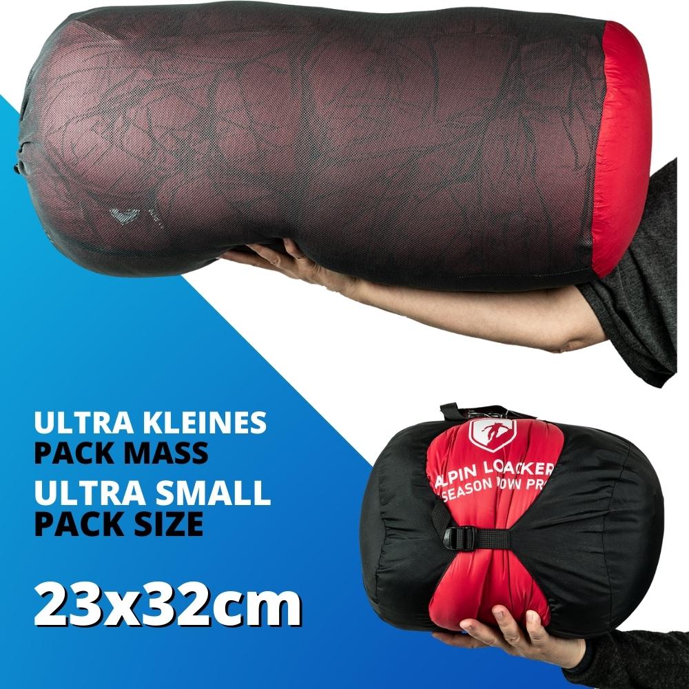 Produktbild des Down Pro 4 Jahreszeiten Schlafsack, lose im Netzsack und komprimiert im roten Kompressionssack. Text: Ultra kleines Packmaß.