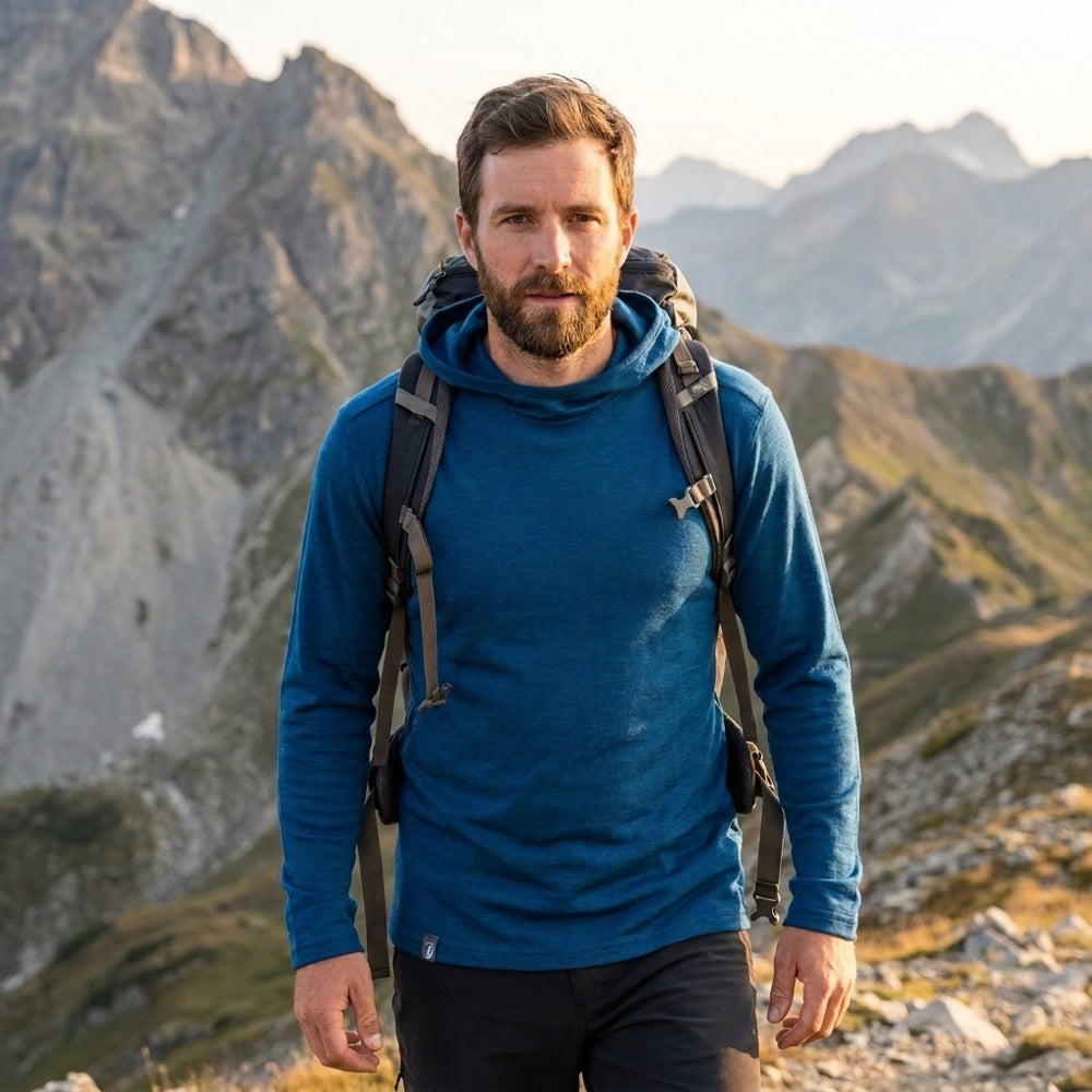Mann auf Bergtour im blauen Merino Hoodie Herren 230 g/m² von Alpin Loacker