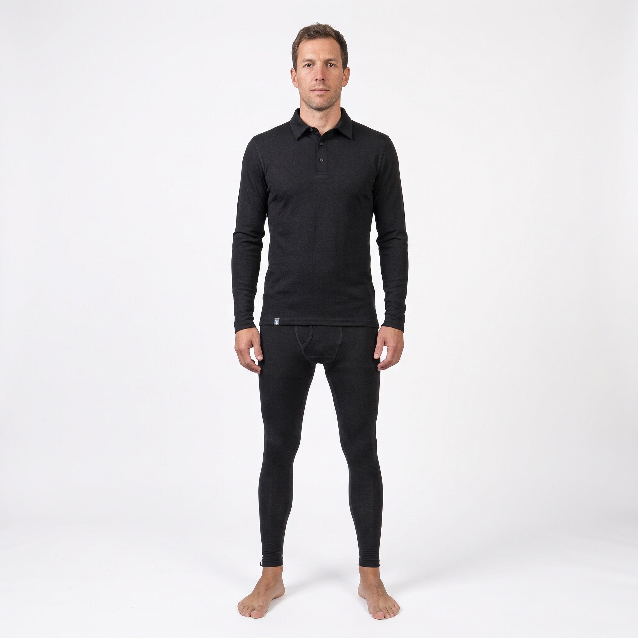 Merino Longsleeve Polo Herren Set mit langer Unterhose