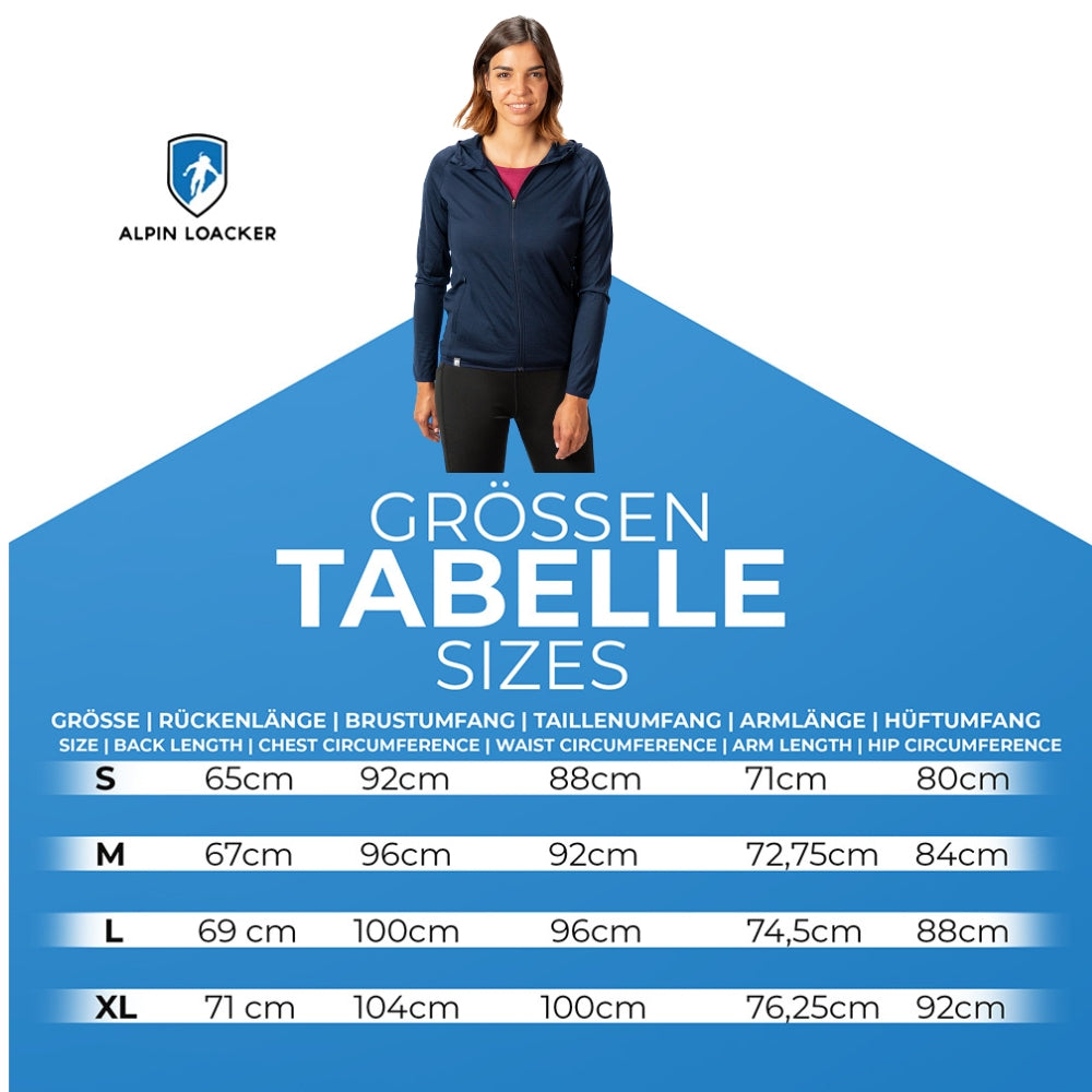 Größentabelle für die Alpin Loacker 100% Merinowolle Jacke Damen, zeigt Größen S-XL mit Rück-, Brust-, Taillen-, Arm- und Hüftmaßen in cm. Perfekt für Outdoor-Abenteuer.