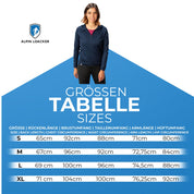 Größentabelle für die Alpin Loacker 100% Merinowolle Jacke Damen, zeigt Größen S-XL mit Rück-, Brust-, Taillen-, Arm- und Hüftmaßen in cm. Perfekt für Outdoor-Abenteuer.