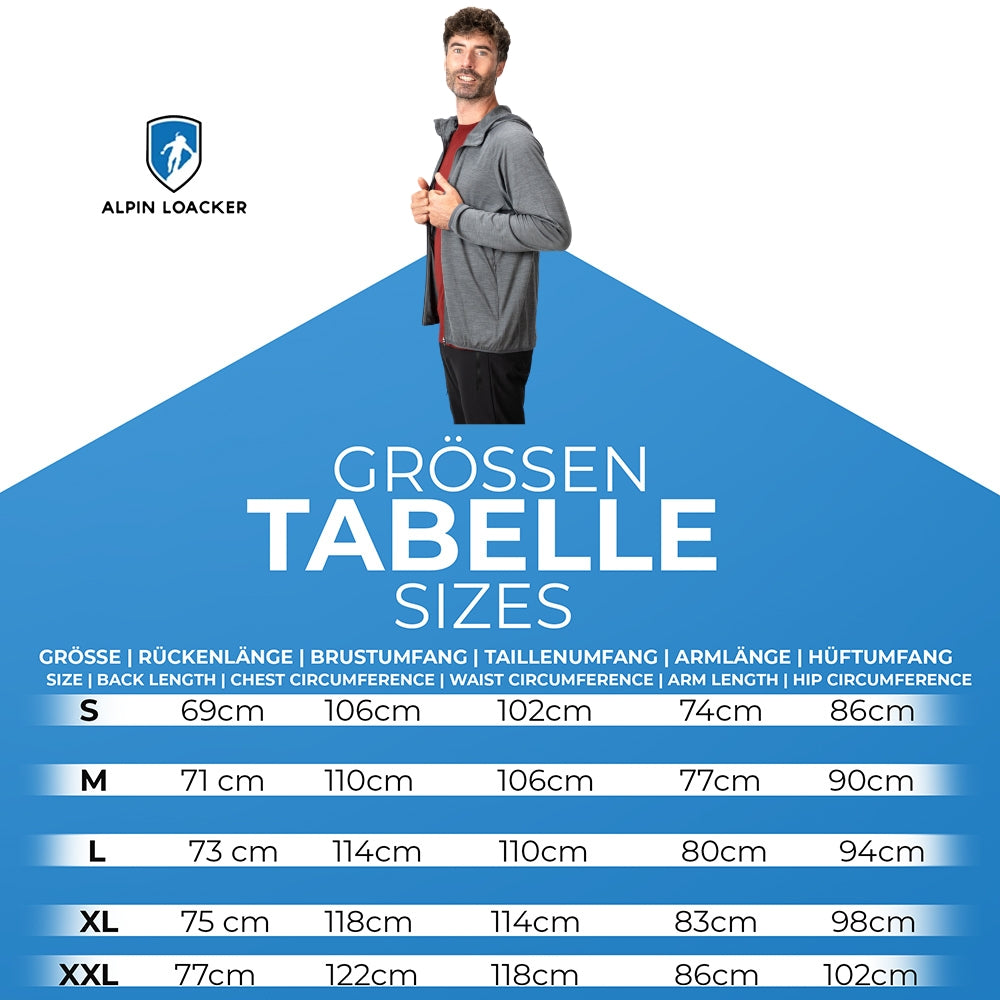 Größentabelle der 100% Merinowolle Jacke Herren 160 g/m² - ultrafein von Alpin Loacker mit Maßen für S bis XXL für Rücke, Brust, Taille, Arm, Hüfte.