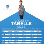 Größentabelle der 100% Merinowolle Jacke Herren 160 g/m² - ultrafein von Alpin Loacker mit Maßen für S bis XXL für Rücke, Brust, Taille, Arm, Hüfte.