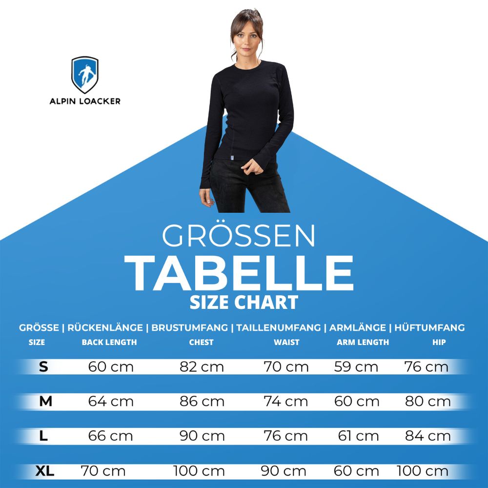 Frau trägt Merino Langarm Shirt Damen 230 g/m2 aus 100% Merinowolle, ideal für Outdoor-Aktivitäten. Steht vor einem Chart, betont Komfort und Funktionalität.