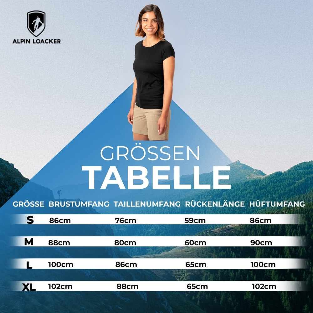 Größentabelle für Alpin Loacker 100% Merino T-Shirt Damen 160 g/m² – ultrafein, mit Maßen für S bis XL, im Berglandschafts-Hintergrund.