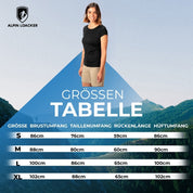 Größentabelle für Alpin Loacker 100% Merino T-Shirt Damen 160 g/m² – ultrafein, mit Maßen für S bis XL, im Berglandschafts-Hintergrund.