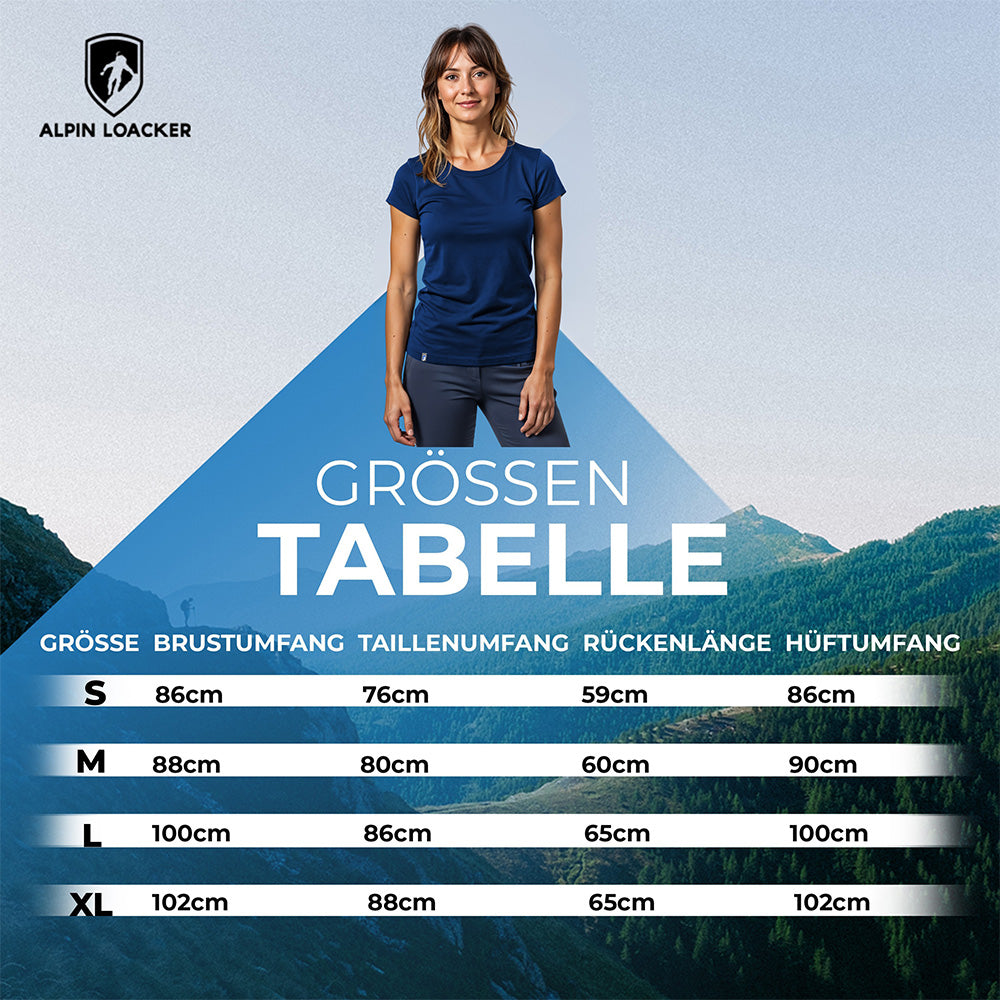 Größen-Tabelle für Merino Coolmax T-Shirt Damen 150 g/m² mit Alpin Loacker Logo, Modell posiert im Gebirge, zeigt Größen S-XL mit Maßen für Brust, Taille, Rücken, Hüfte.