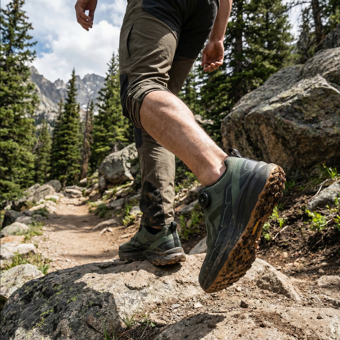 Ein KI generierter Wanderer läuft in den Alpin Loacker Lightway Trailschuhen in der Natur