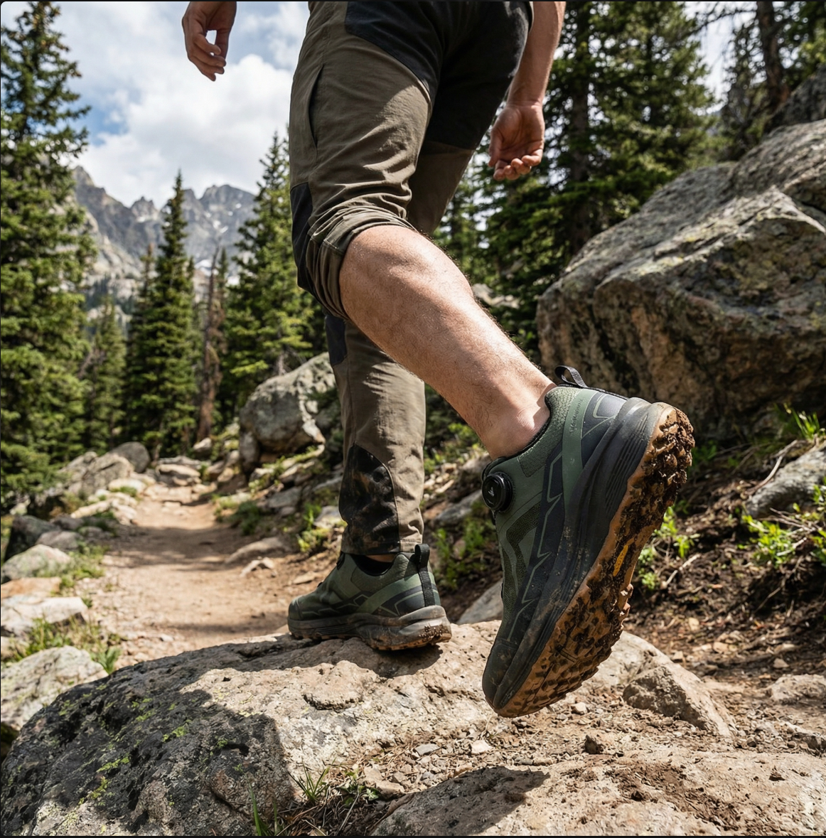 Ein KI generierter Wanderer läuft in den Alpin Loacker Lightway Trailschuhen in der Natur