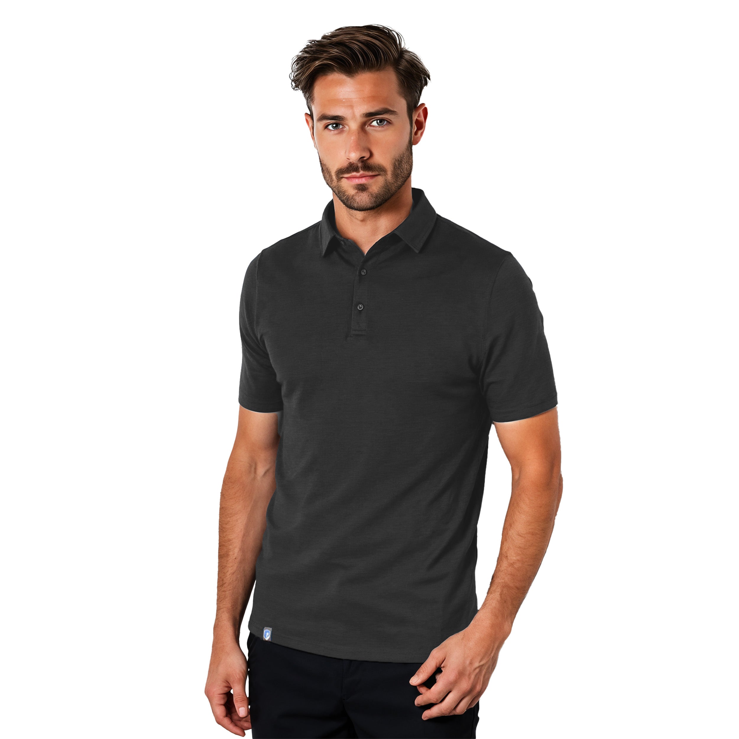 Model trägt Merino Coolmax Polo in grau