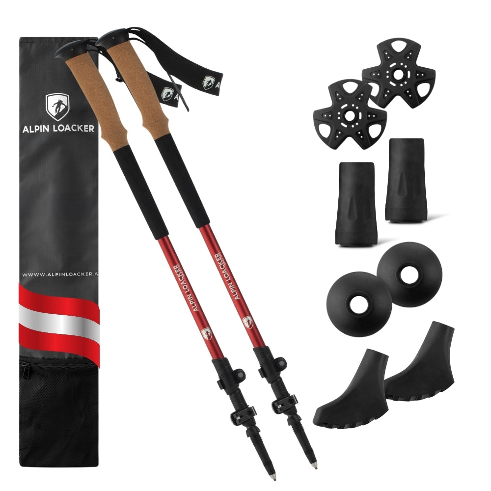 Teleskop Wanderstöcke aus Aluminium mit ergonomischen Korkgriffen und dreiteiliger Teleskoptechnik, ideal für Trekking, Bergsteigen und Skitouren.