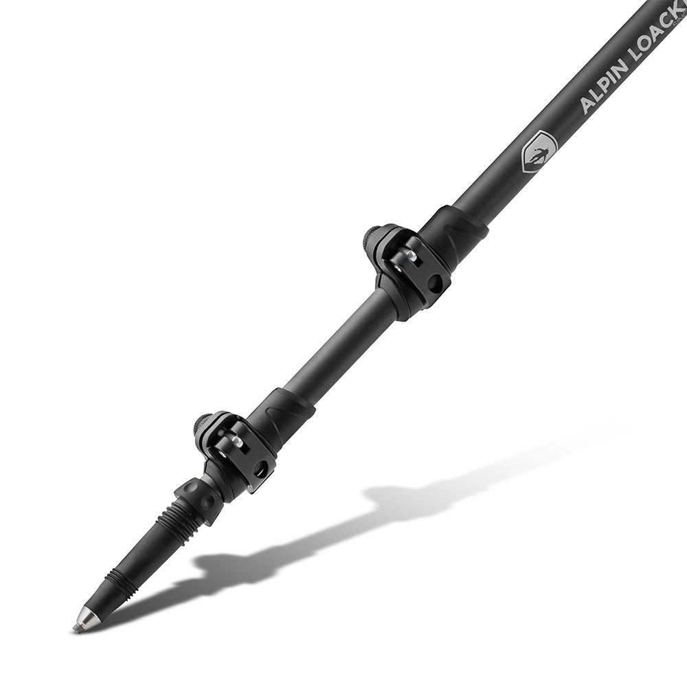 Teleskop Wanderstöcke aus Aluminium mit ergonomischen Korkgriffen und verstellbarer Länge, geeignet für Trekking und Bergexpeditionen, inklusive Zubehör und Transporttasche.