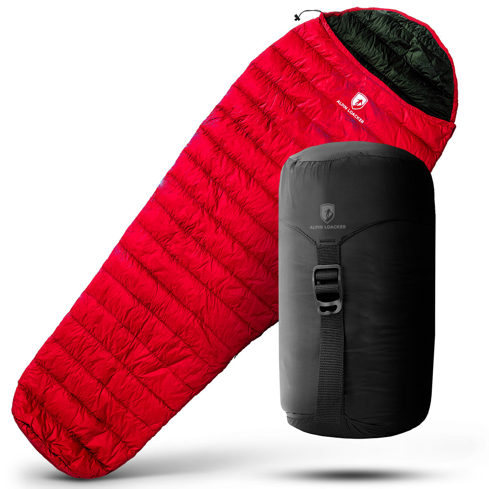 Leichter Sommer Daunenschlafsack: Kompakter, ultraleichter Schlafsack mit Logo, ideal für Outdoor-Abenteuer. Enthält schwarzen Trageriemen und roten Packsack.