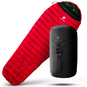 Leichter Sommer Daunenschlafsack: Kompakter, ultraleichter Schlafsack mit Logo, ideal für Outdoor-Abenteuer. Enthält schwarzen Trageriemen und roten Packsack.