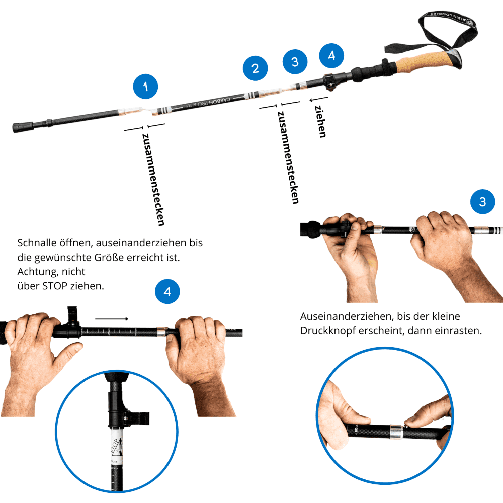 Collage von Händen, die faltbare Wanderstöcke aus Carbon halten, ideal für Outdoor-Aktivitäten. Ergonomische Korkgriffe und vielseitiges Zubehör für anspruchsvolle Touren.