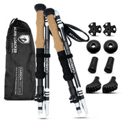 Faltbare Wanderstöcke aus Carbon mit Korkgriffen, Zubehör wie Schneeteller, Gummispitzen und Transporttasche, ideal für anspruchsvolle Outdoor-Aktivitäten.