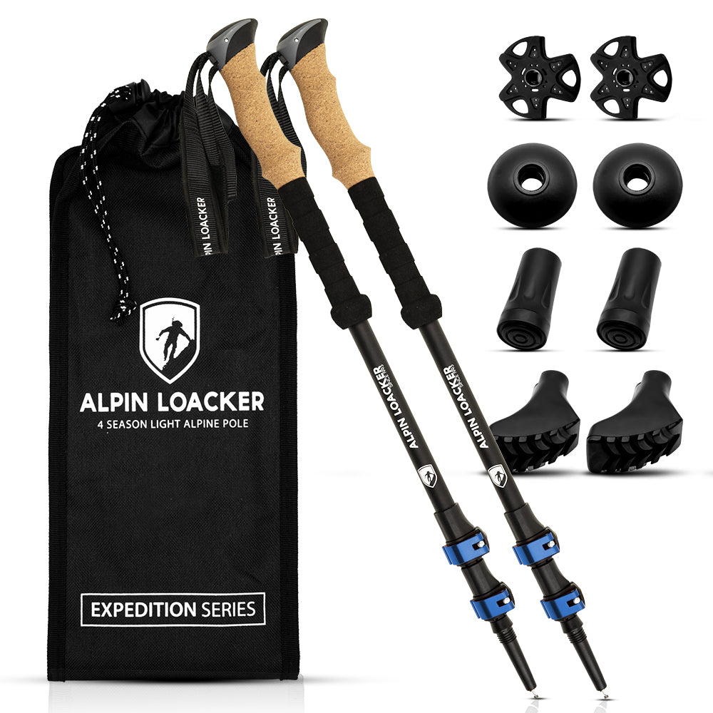 Teleskop Wanderstöcke aus Aluminium mit verstellbarer Länge, ergonomischen Korkgriffen und Zubehör, inklusive Transporttasche, ideal für Outdoor-Aktivitäten wie Wandern und Trekking.