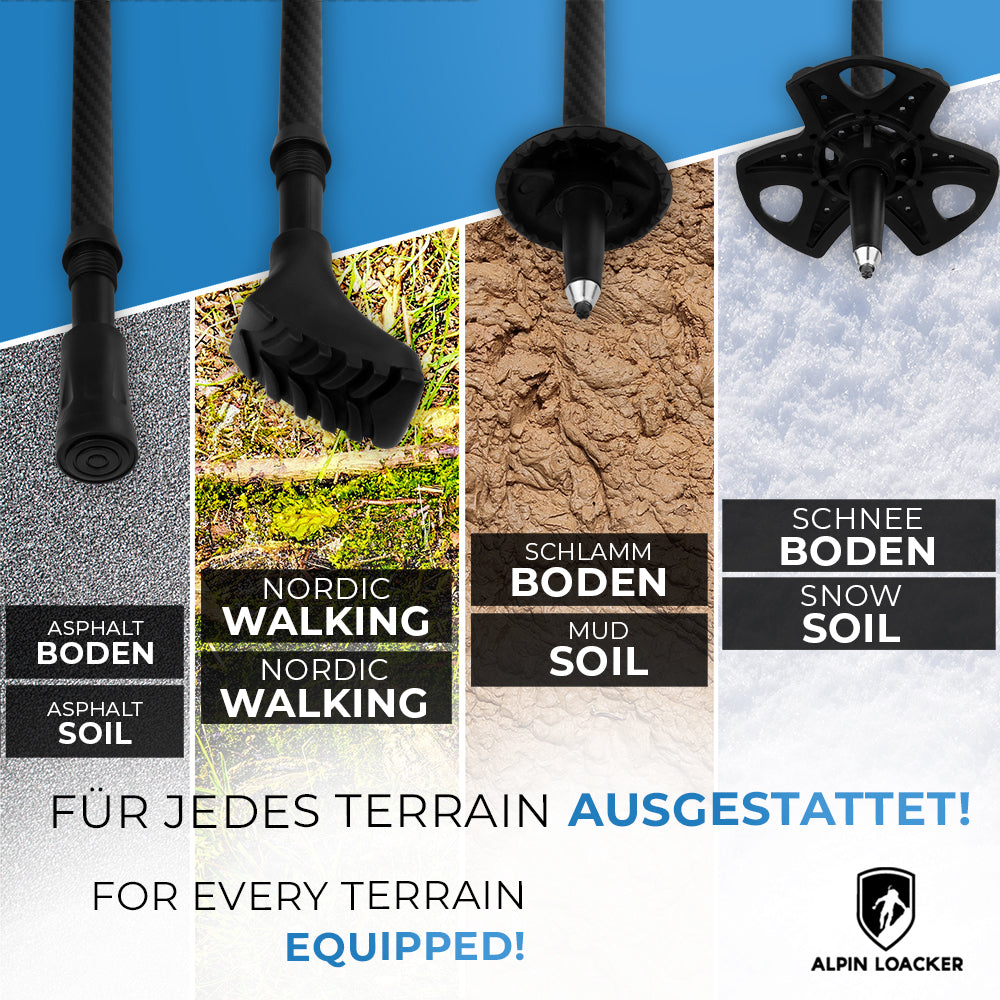 Faltbare Wanderstöcke aus Aluminium mit ergonomischen Korkgriffen, ideal für Wandern und Skitouren. Enthalten Schneeteller, Trekkingteller und Gummispitzen für vielseitige Nutzung.
