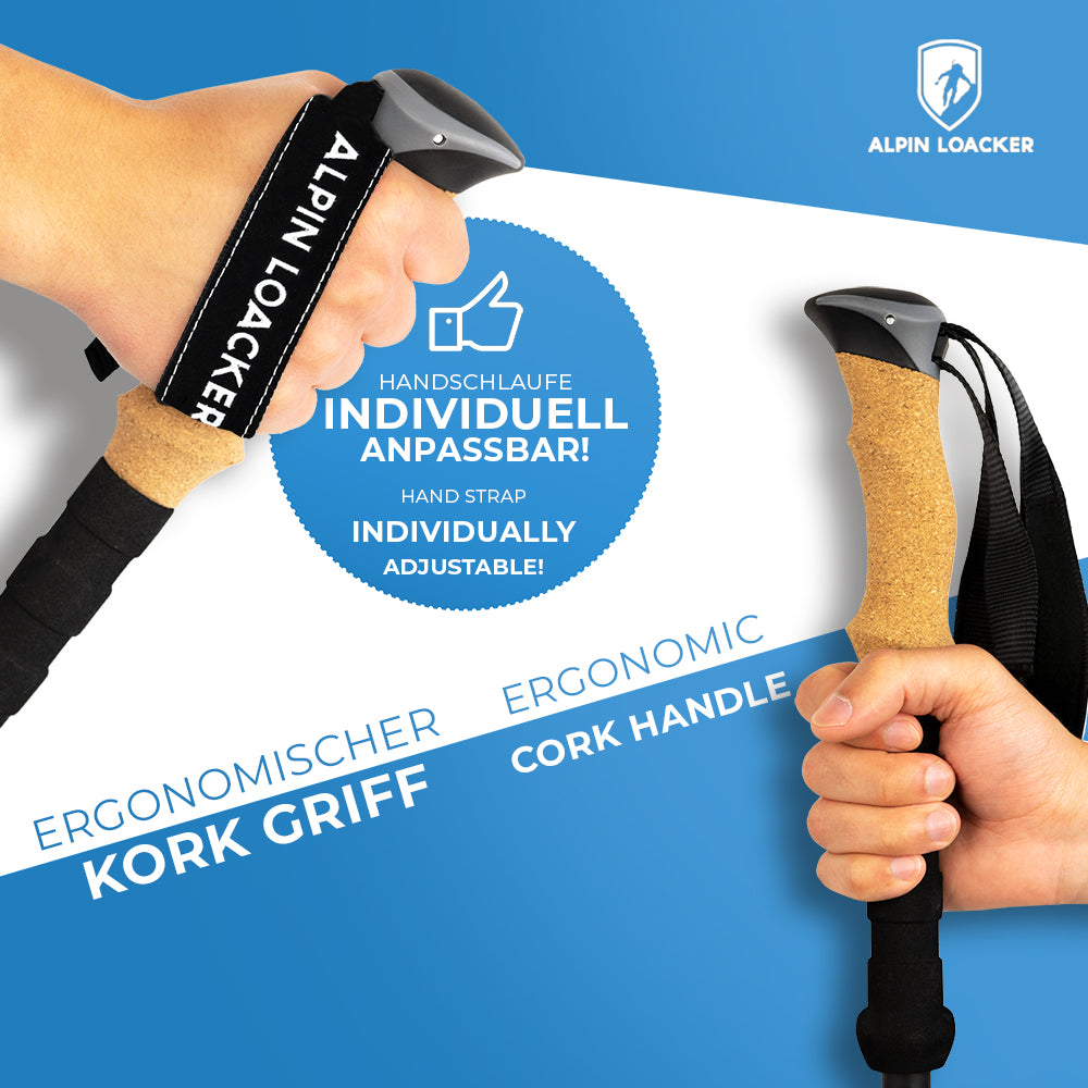 Hände halten ergonomische, faltbare Wanderstöcke aus Aluminium mit Korkgriffen, ideal für Wanderungen und Skitouren.