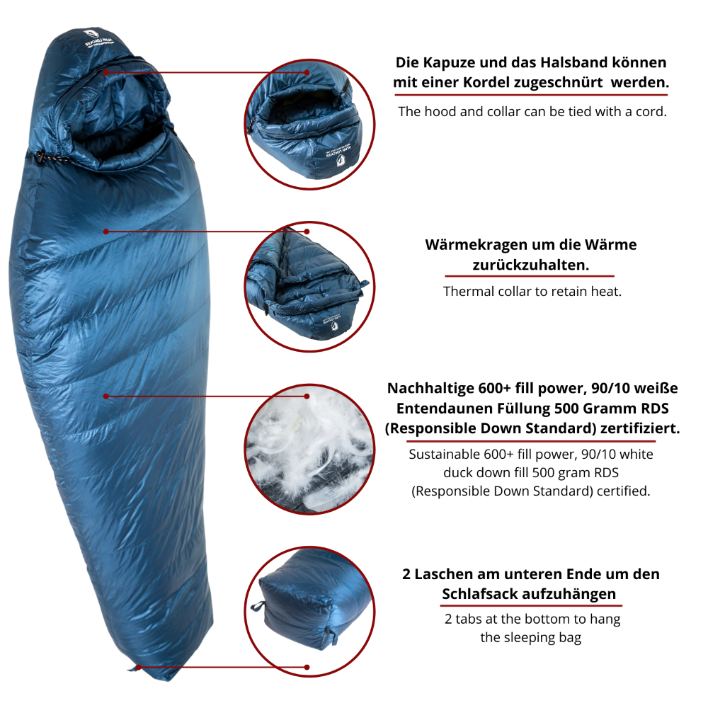 3 Jahreszeiten Schlafsack Bundle mit einem blauen Schlafsack und Daunenfüllung, ideal für Outdoor-Abenteuer und kühle Nächte. Perfekt für Wander- und Trekkingfans.