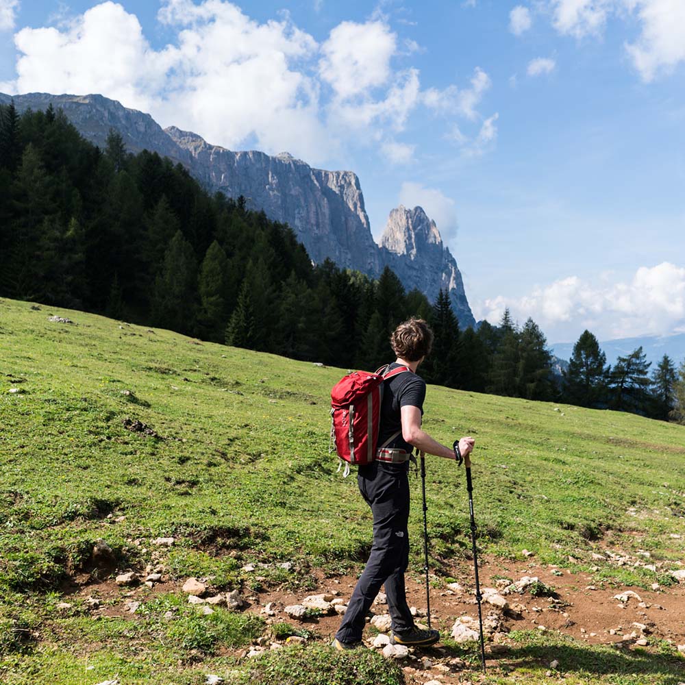 Mann wandert mit Teleskop Wanderstöcken aus Aluminium von Alpin Loacker auf einem grasbewachsenen Hügel, ausgestattet mit Rucksack und Trekkingausrüstung.