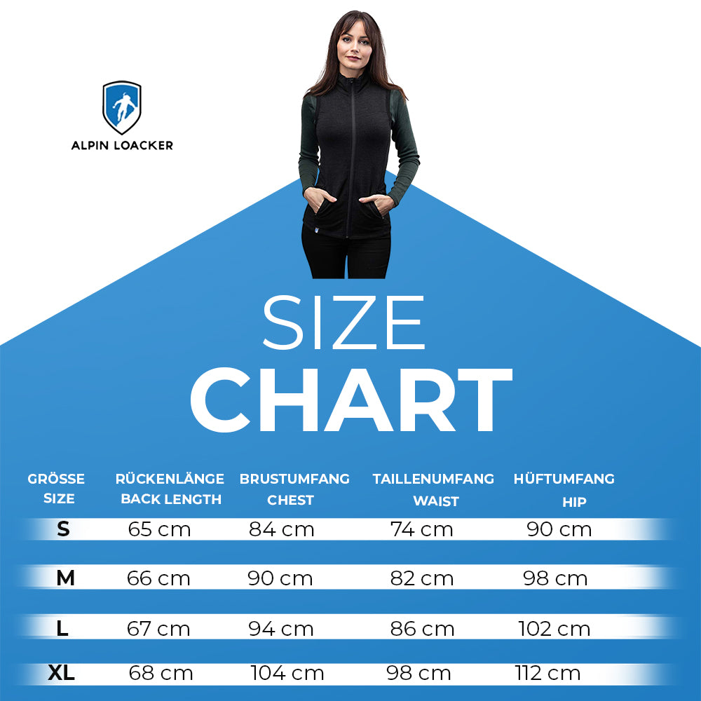 Frau trägt Merino Weste Damen 270g/m², schwarze Wollweste mit sportlichem Schnitt, ideal als Midlayer für Outdoor-Aktivitäten.