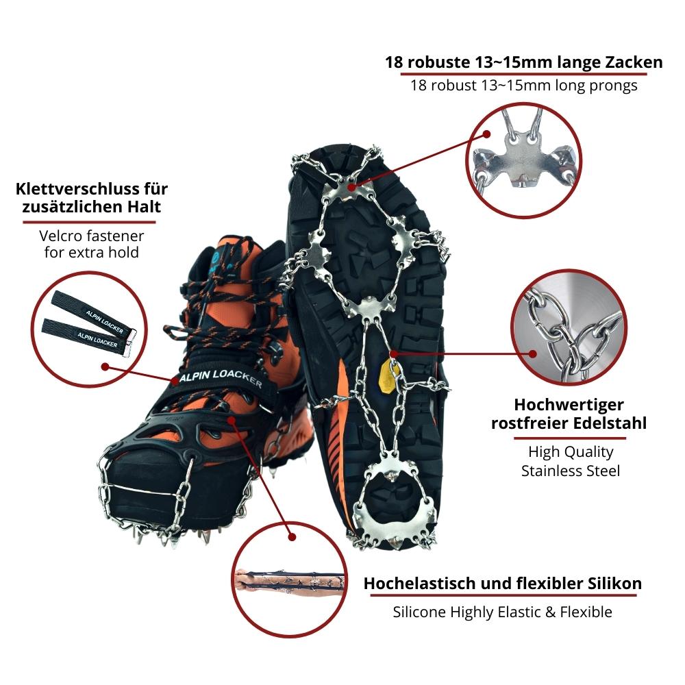 Chain Pro 18 Grödeln aus rostfreiem Stahl mit 18 Spikes, elastisches Silikon für sicheren Halt auf Schnee und Eis, ideal für Winterwanderungen und Bergtouren.