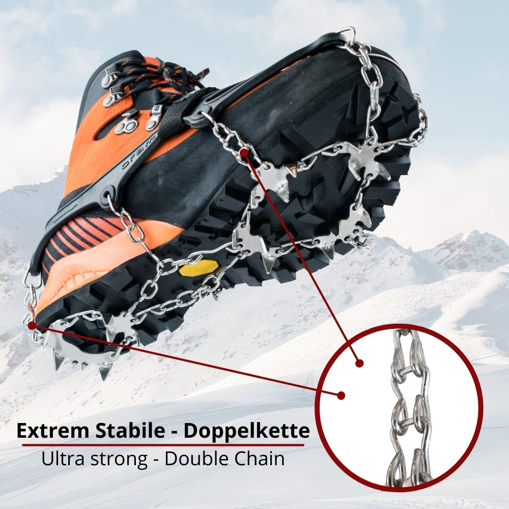 Chain Pro 18 Grödeln mit rostfreiem Stahl und 18 Spikes für sicheren Halt auf Schnee und Eis, ideal für Winterwanderungen.