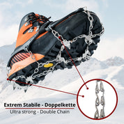 Chain Pro 18 Grödeln mit rostfreiem Stahl und 18 Spikes für sicheren Halt auf Schnee und Eis, ideal für Winterwanderungen.