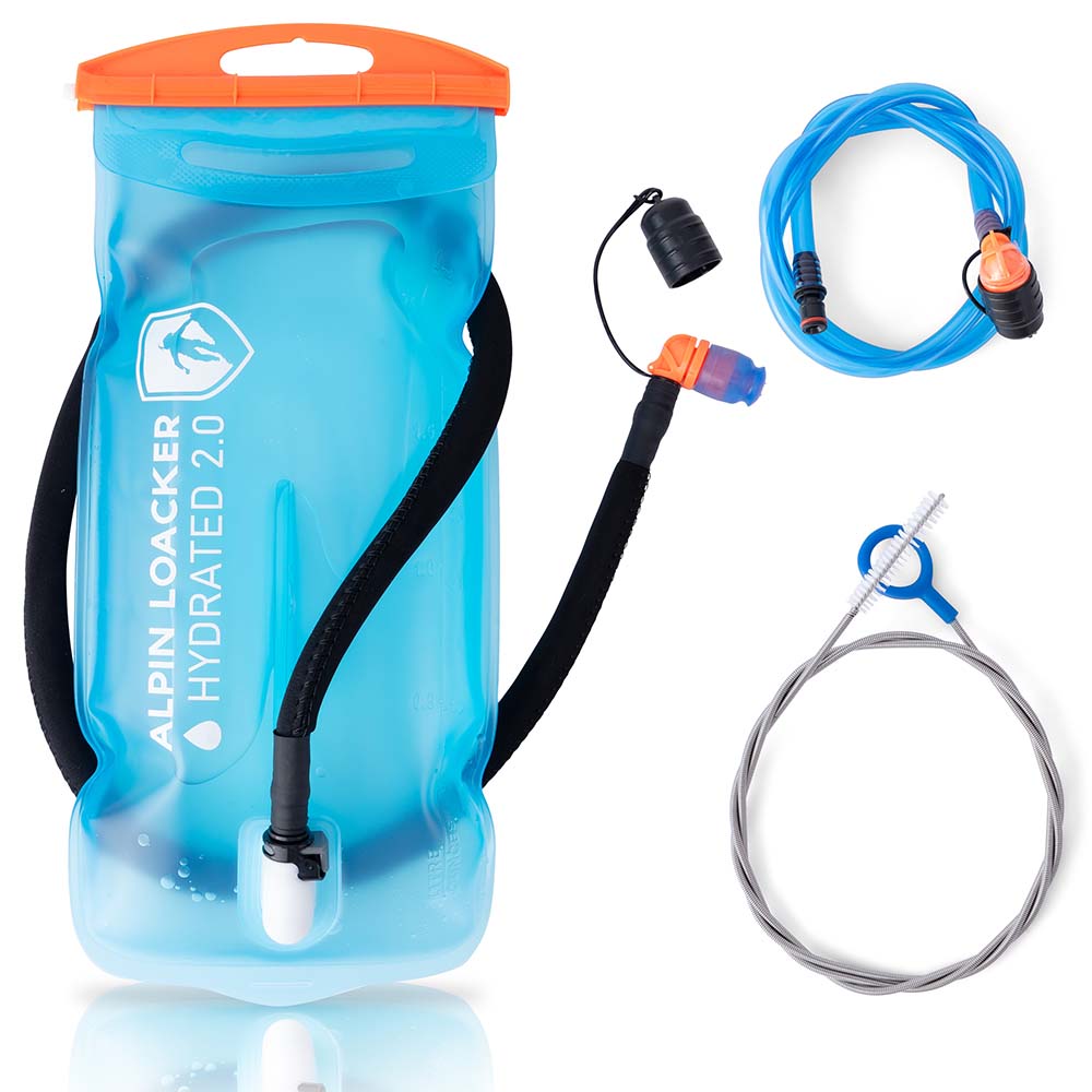 Trinkblase für Sommer + Winter: Blaue Wasserblase mit Schlauch und ergonomischem Mundstück, ideal für Outdoor-Aktivitäten. Enthält Reinigungsbürste und Schlauch.