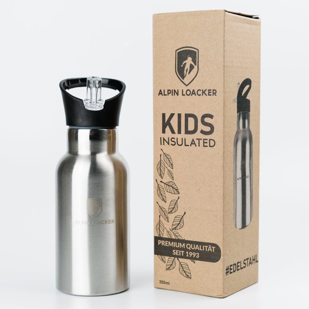 Kinder Edelstahl Thermosflasche von Alpin Loacker neben Verpackung, silberfarben, robust, hält Getränke stundenlang warm oder kalt, ideal für Sport und Freizeit.