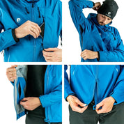 Mann mit blauer Herren 3 Lagen Hardshell Regenjacke, ideal für Outdoor-Aktivitäten, zeigt langlebige, wasserdichte und atmungsaktive Eigenschaften für ganzjähriges Abenteuer.