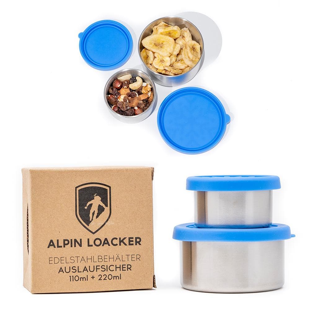 Edelstahl Behälter mit Silikondeckel, ideal für Snacks oder Dips. Zwei Größen: 110ml und 220ml. Perfekt für umweltbewusste Outdoor-Abenteuer und plastikfreie Aufbewahrung.