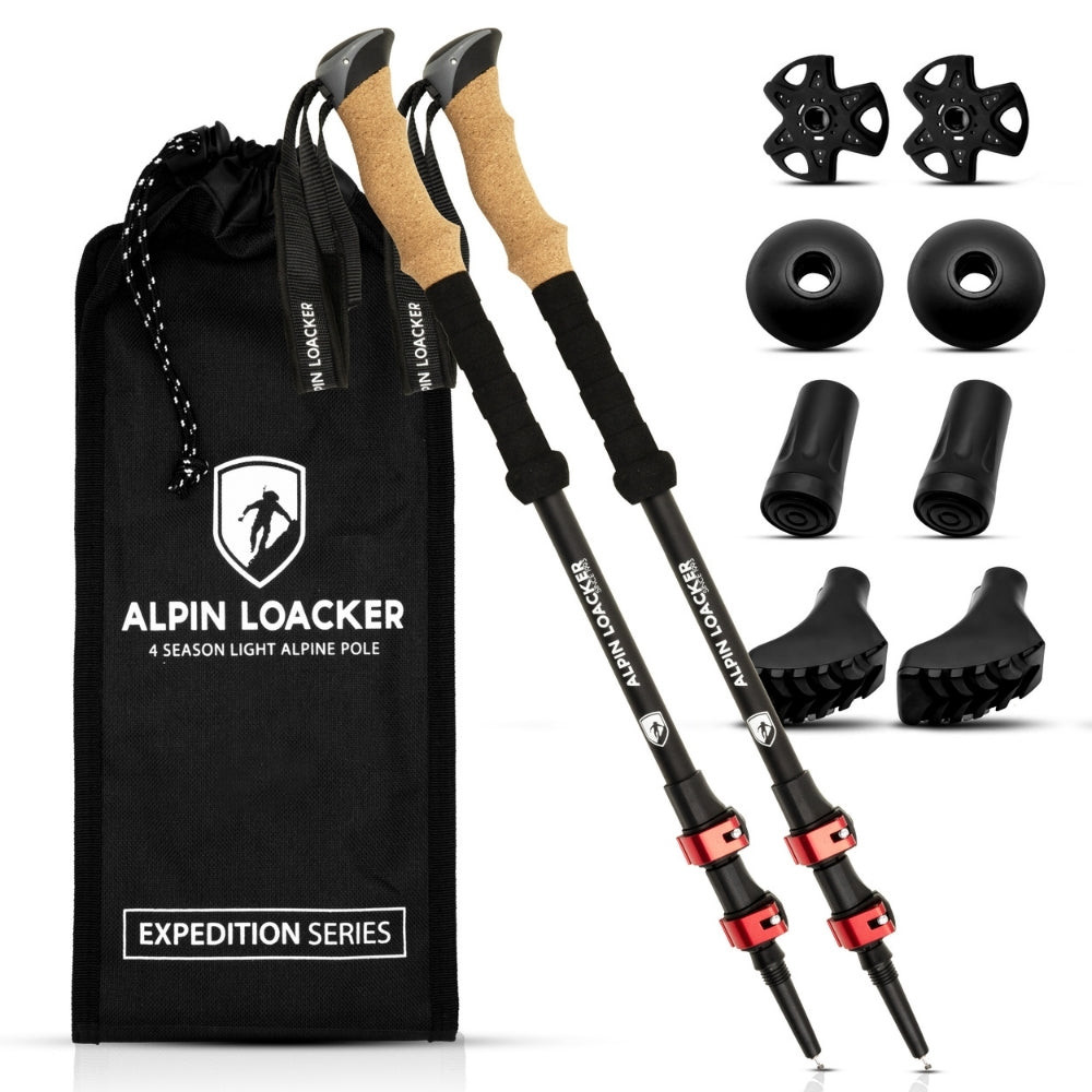 Teleskop Wanderstöcke aus Aluminium mit ergonomischen Korkgriffen und Transporttasche, ideal für Outdoor-Abenteuer wie Wandern und Trekking. Enthält austauschbares Zubehör.