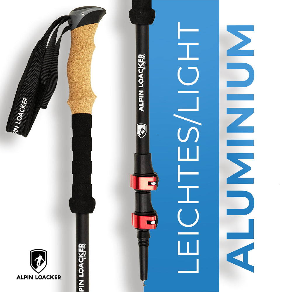 Teleskop Wanderstöcke aus Aluminium mit ergonomischen Korkgriffen und verstellbarer Länge, ideal für Outdoor-Abenteuer wie Wandern und Trekking.