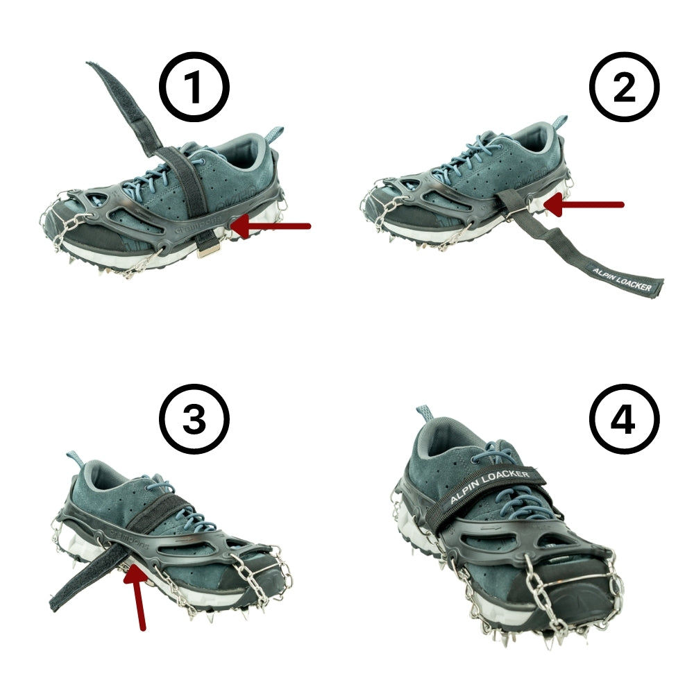 Collage von Chain Pro 18 Grödeln mit Spikes und Ketten, perfekt für rutschigen Untergrund bei Winterwanderungen, aus robustem Edelstahl gefertigt.