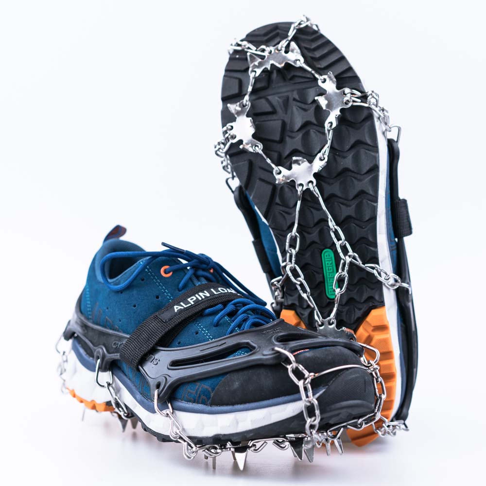 Chain Pro 18 Grödeln mit Metallketten und 18 Spikes für sicheren Halt auf Schnee und Eis, ideal für Winterwanderungen und Trekking.