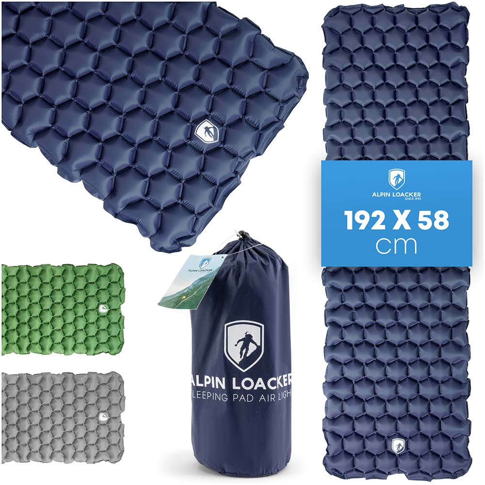 Ultraleichte Isomatte - 465g, aus recyceltem RipStop Nylon, in einer Collage mit anderen Campingmatten, ideal für Trekking und Camping, robust und wetterbeständig.