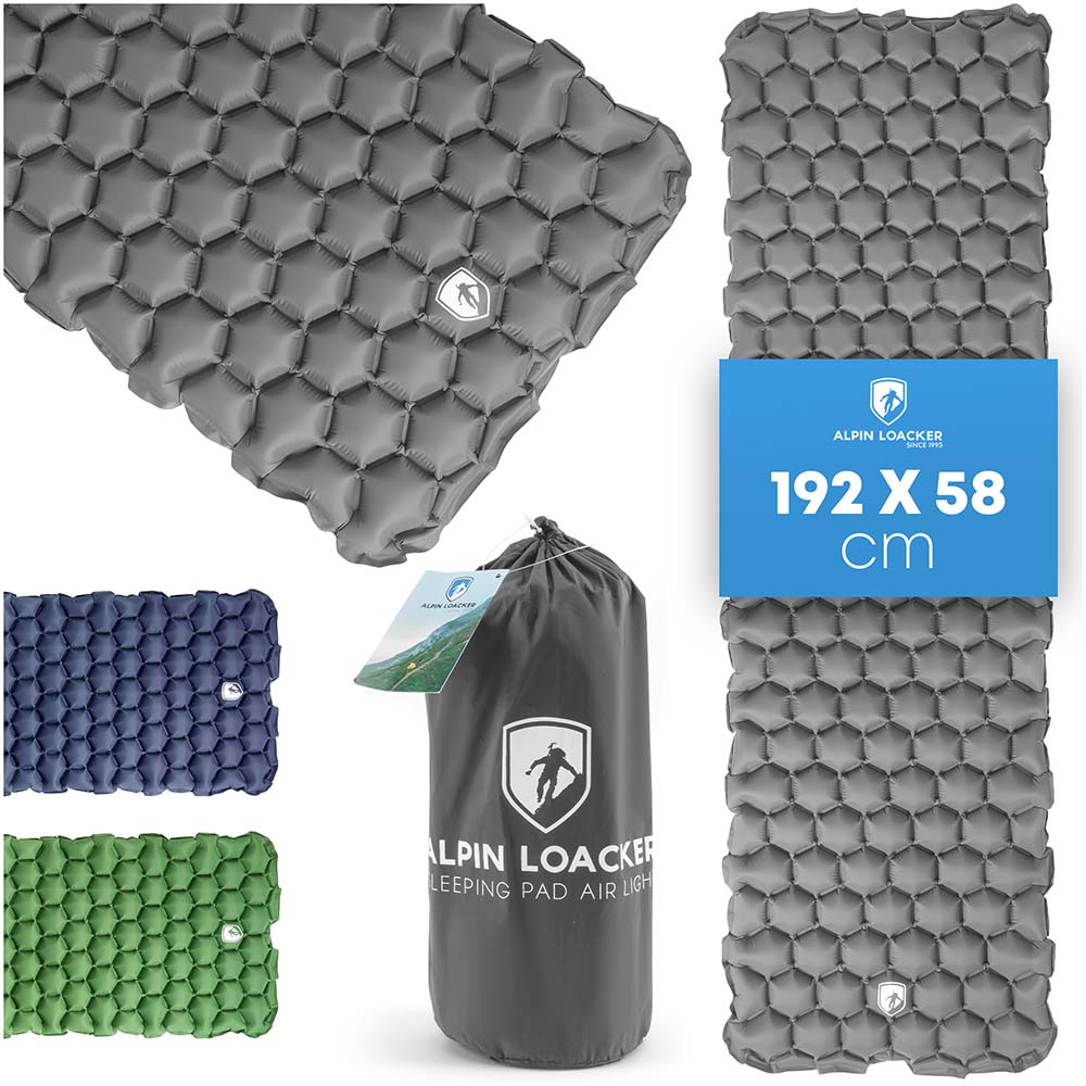 Ultraleichte Isomatte - 465g: Collage zeigt verschiedene aufblasbare Campingmatten; ideal für Trekking mit robustem, recyceltem RipStop Nylon, leicht aufblasbar, wetterfest.