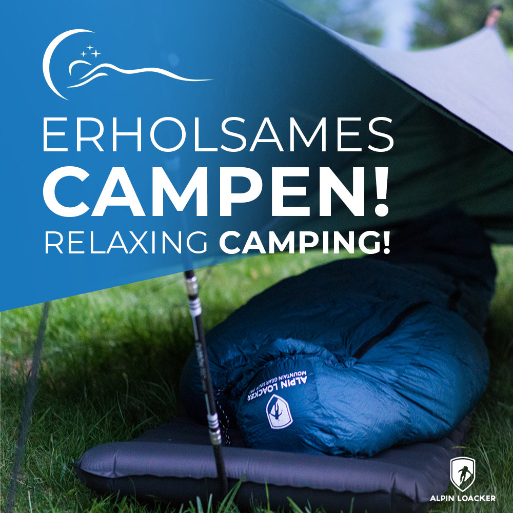 3 Jahreszeiten Schlafsack Bundle mit Daunenschlafsack und Schlafmatte unter einem Zelt, ideal für Outdoor-Abenteuer und kühle Nächte, präsentiert im Camping-Setup.