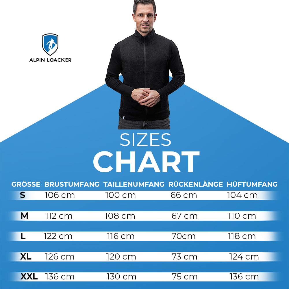 Merino Weste Herren 270 g/m2: Mann in schwarzer Jacke vor blauem Hintergrund, hochwertige Merino-Wollweste, ideal für Outdoor-Aktivitäten und Alltag.
